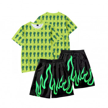 Billie Eilish Costume - Billie Eilish Concert Green Oversize Shirt Logo Print Short Sleeve T-Shirt and Shorts Billie Eilish Cosplay