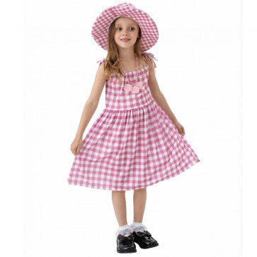 Barbie Movie Costume - Girls Gingham Pink Checkered Dress Barbie Cosplay